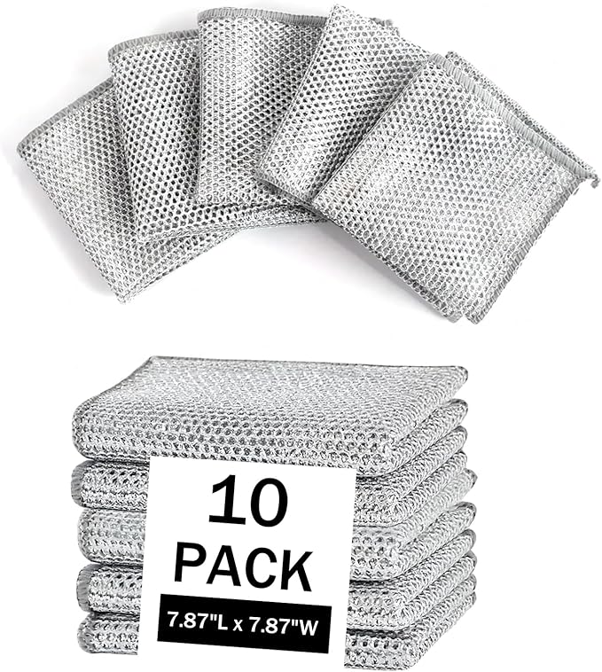 10 Pcs Non Scratch Wire Dishwashing Rag, Microfiber Cleaning Cloth for Washing Dishes, Kitchen Cleaning Rags for Wet and Dry, Kitchen Towels and Dishcloths Sets, Cleaning Supplies Tools