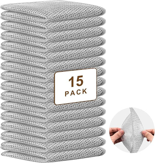 15 Pcs Double-Layer Non-Scratch Wire Dishwashing Rags, Multipurpose Reusable Cleaning Cloths and Scrubbing Pads for Wet and Dry Use, for Kitchen Cleaning