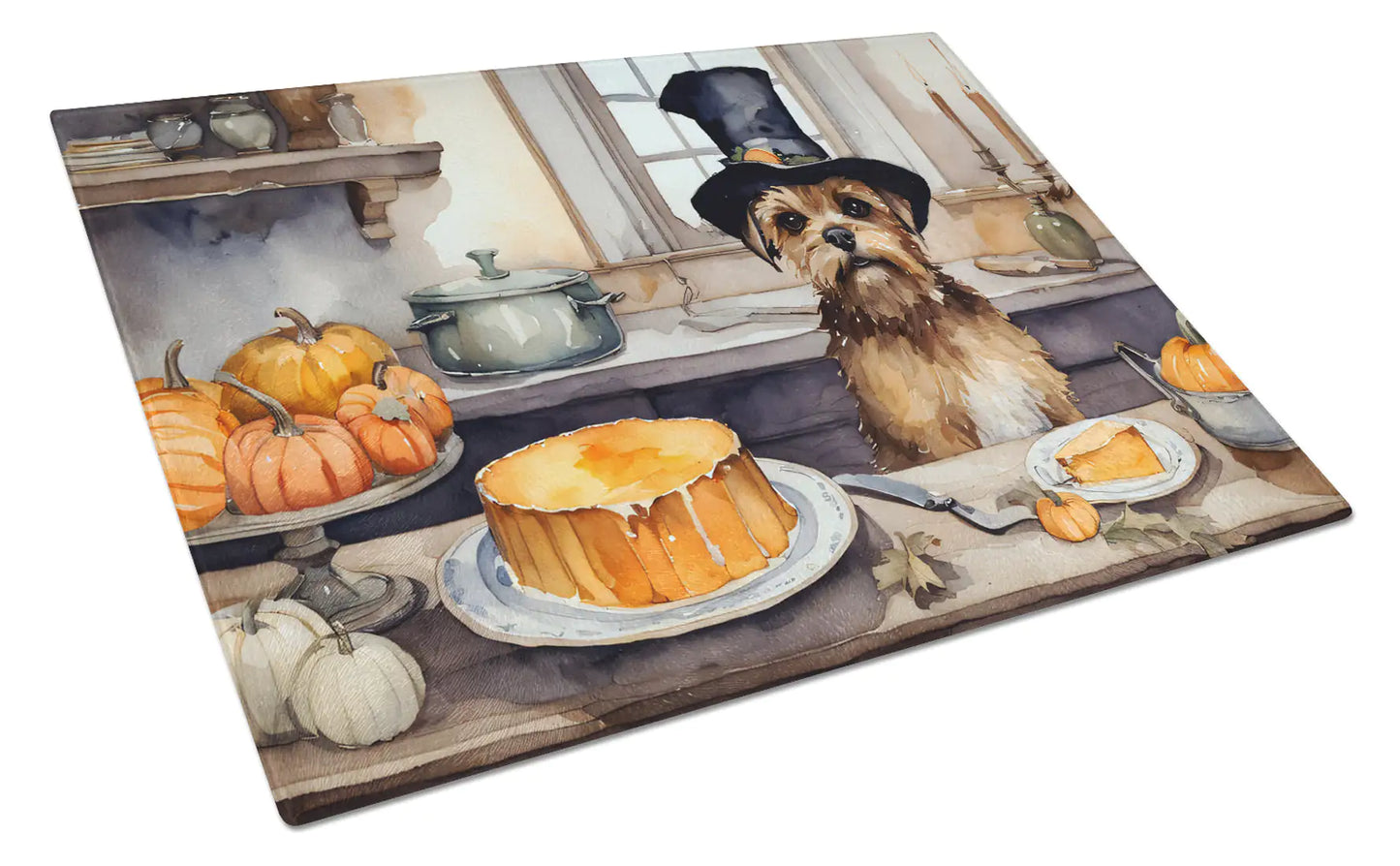 Border Terrier Fall Kitchen Pumpkins Glass Cutting Board