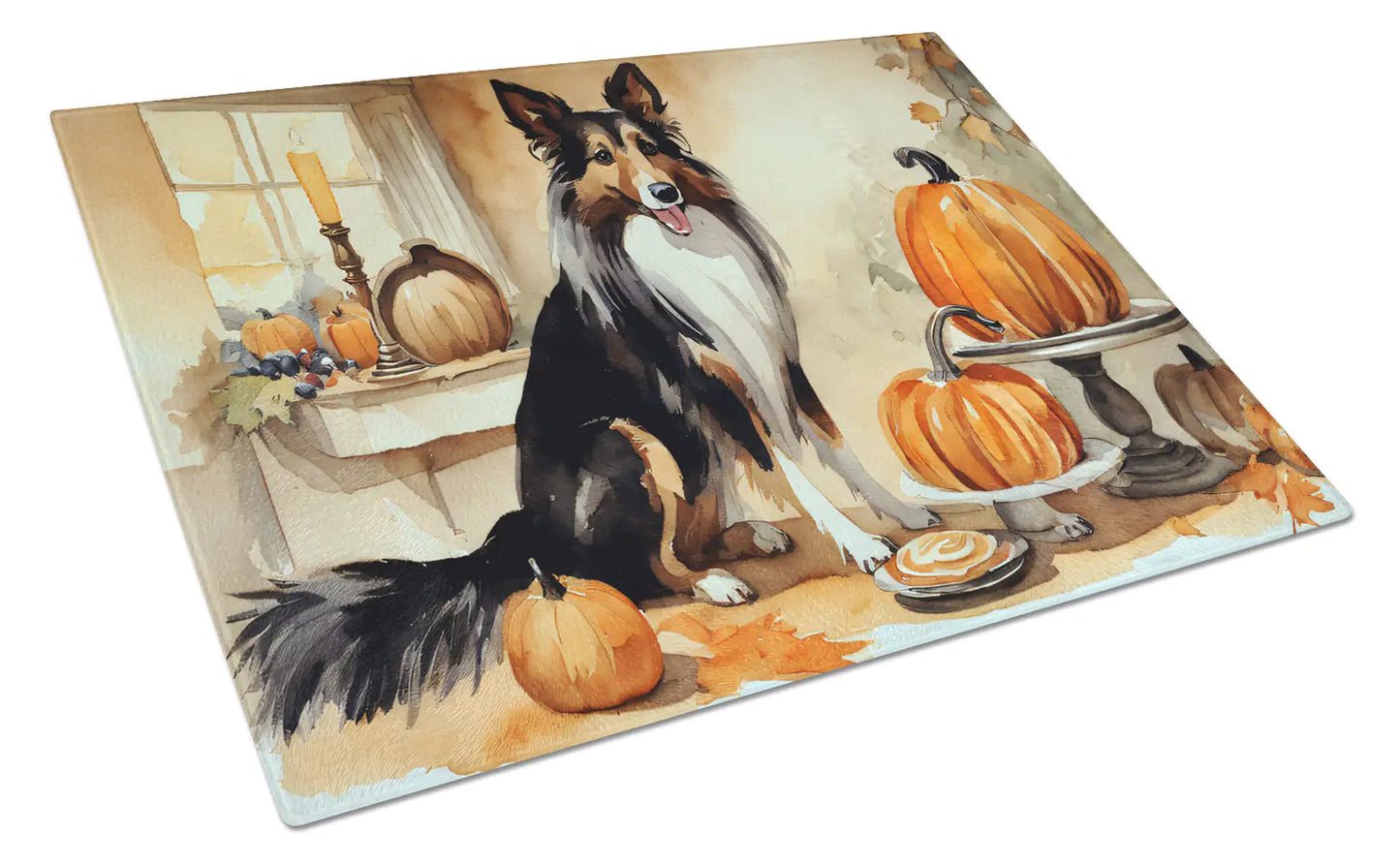 Collie Fall Kitchen Pumpkins Glass Cutting Board