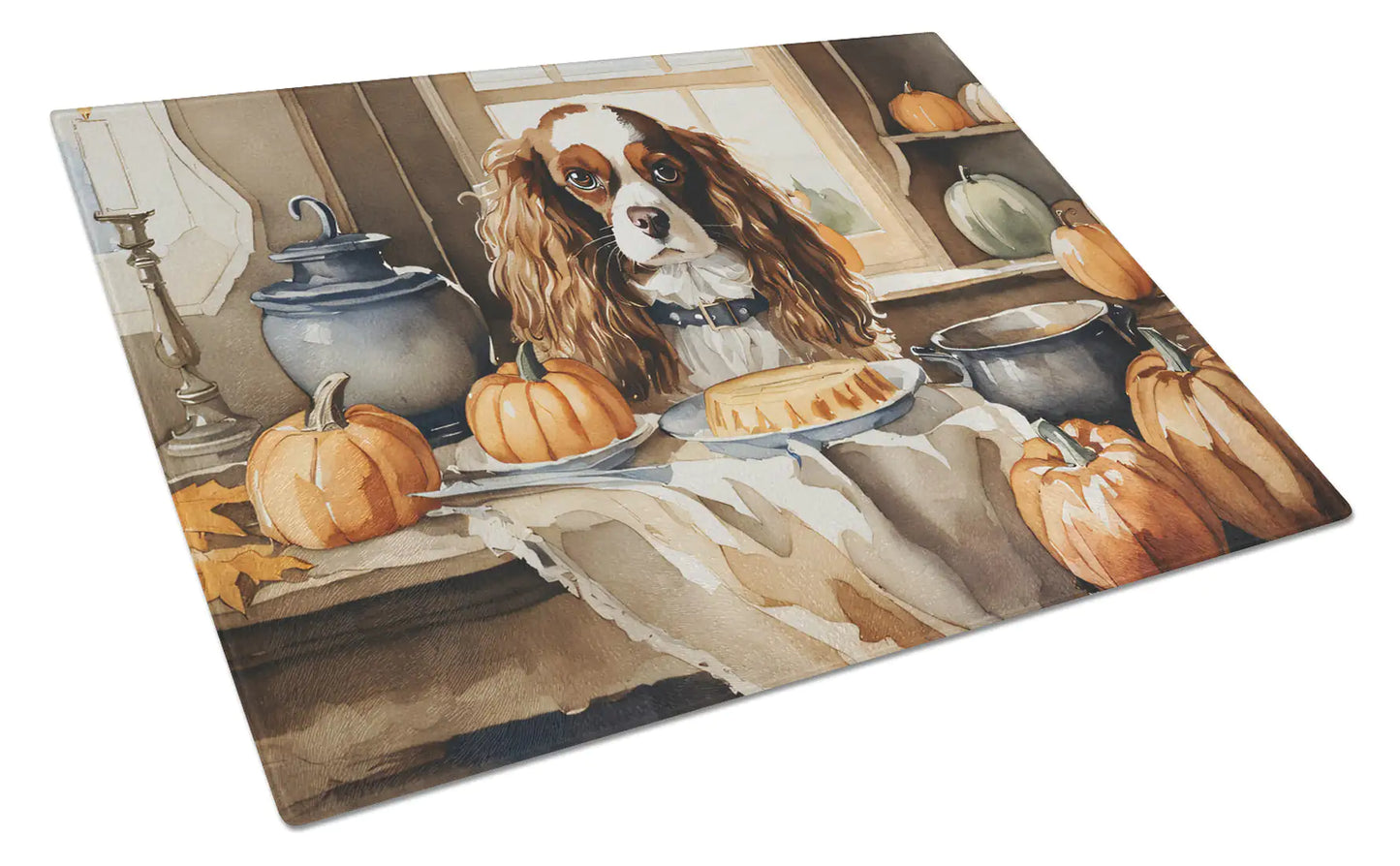 Cavalier Spaniel Fall Kitchen Pumpkins Glass Cutting Board