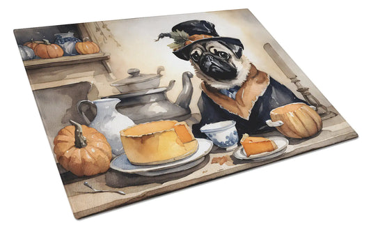 Pug Fall Kitchen Pumpkins Glass Cutting Board