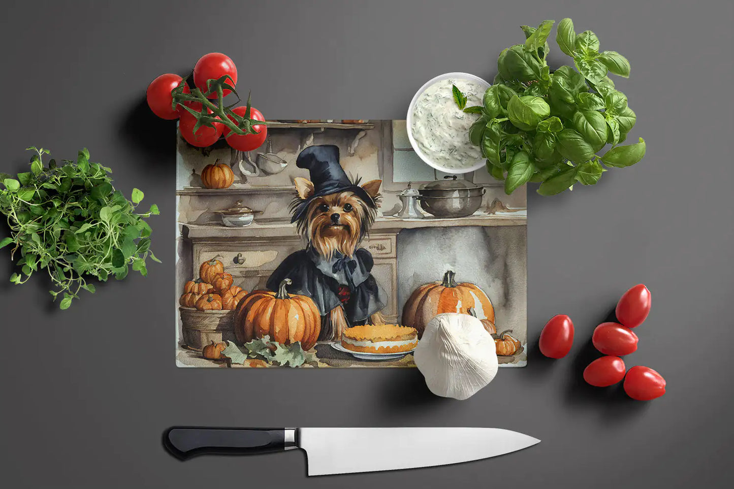 Yorkie Fall Kitchen Pumpkins Glass Cutting Board