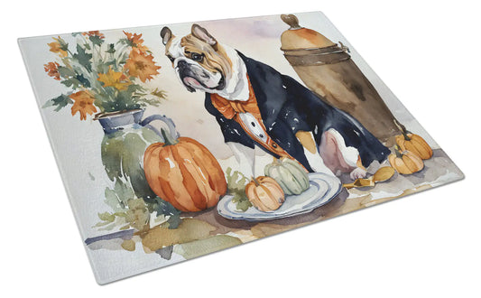 English Bulldog Fall Kitchen Pumpkins Glass Cutting Board