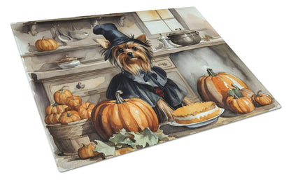 Yorkie Fall Kitchen Pumpkins Glass Cutting Board