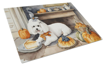 Bichon Frise Fall Kitchen Pumpkins Glass Cutting Board