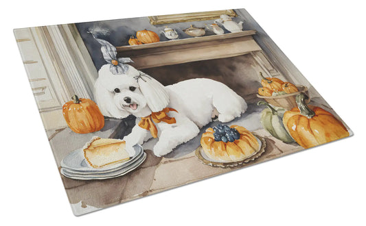 Bichon Frise Fall Kitchen Pumpkins Glass Cutting Board