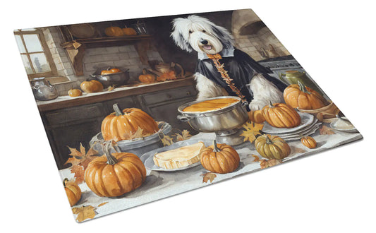 Old English Sheepdog Fall Kitchen Pumpkins Glass Cutting Board