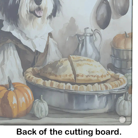 Old English Sheepdog Fall Kitchen Pumpkins Glass Cutting Board