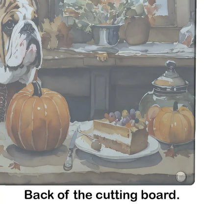 English Bulldog Fall Kitchen Pumpkins Glass Cutting Board