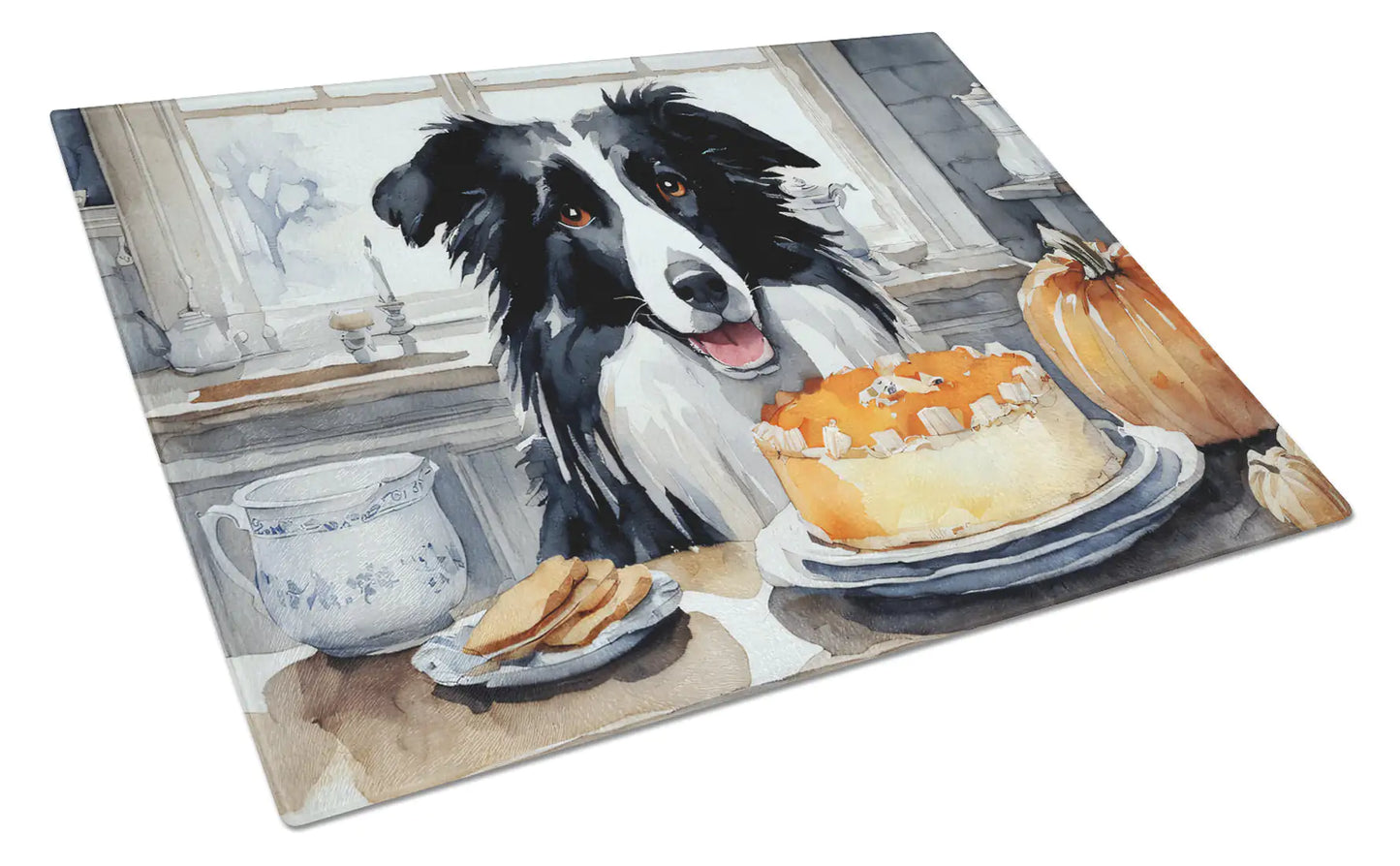Border Collie Fall Kitchen Pumpkins Glass Cutting Board
