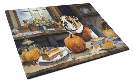 English Bulldog Fall Kitchen Pumpkins Glass Cutting Board